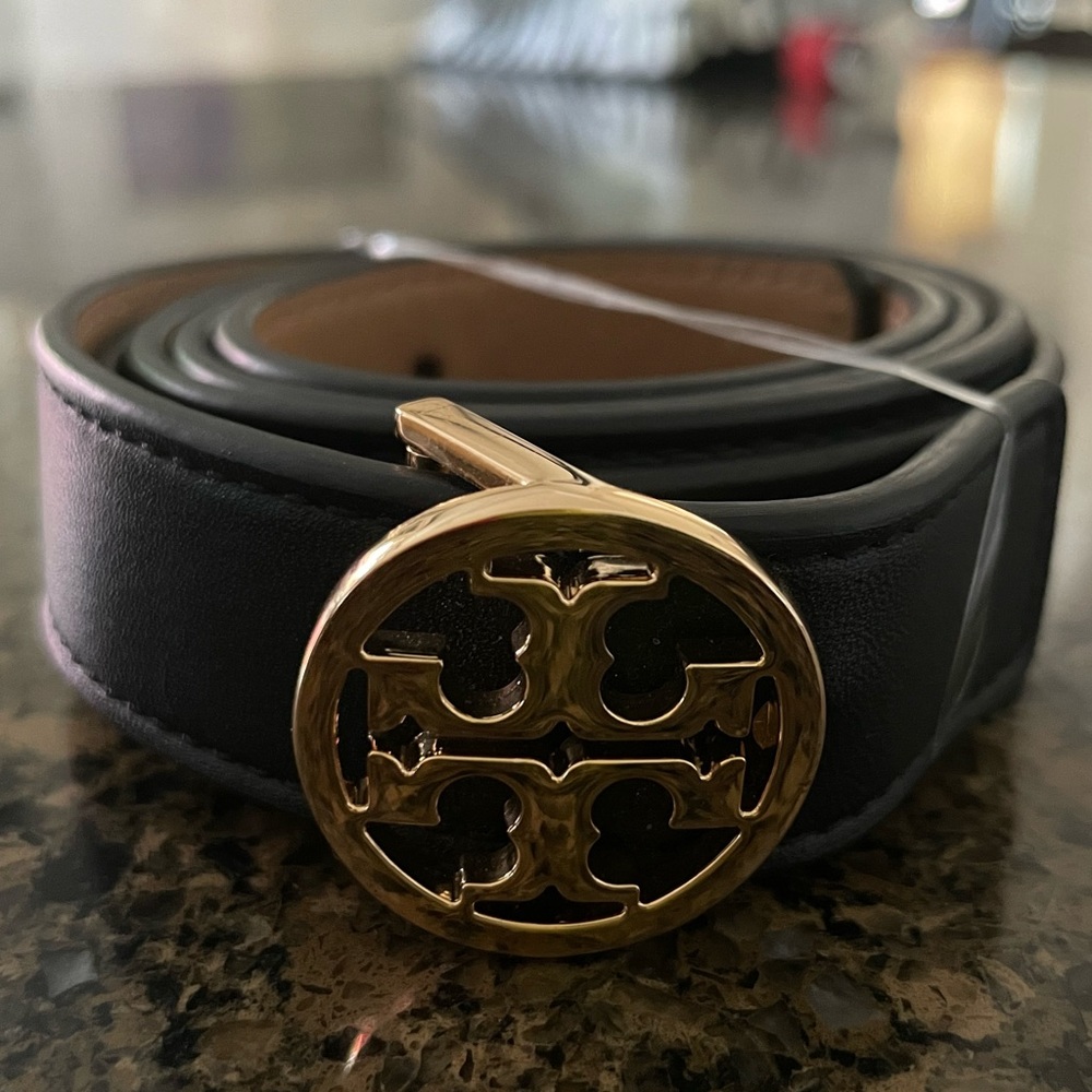 Tory Burch 1 inch Reversible Double T Belt- Navy/Tan/Gold